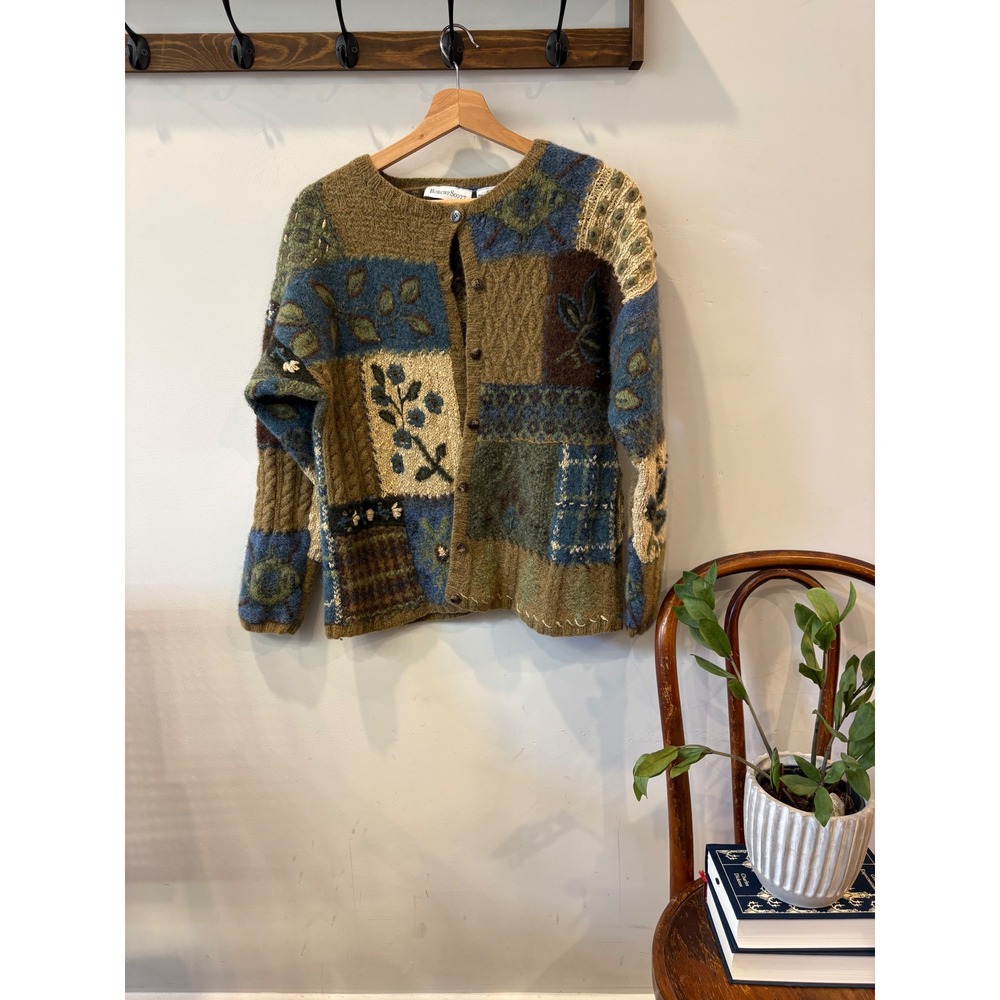 Robert Scott Vintage Floral Patchwork Embroidered Wool Cotton Blend Cardigan